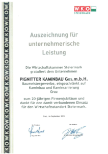Urkunde der WKO für das Firmenjubiläum von Pignitter